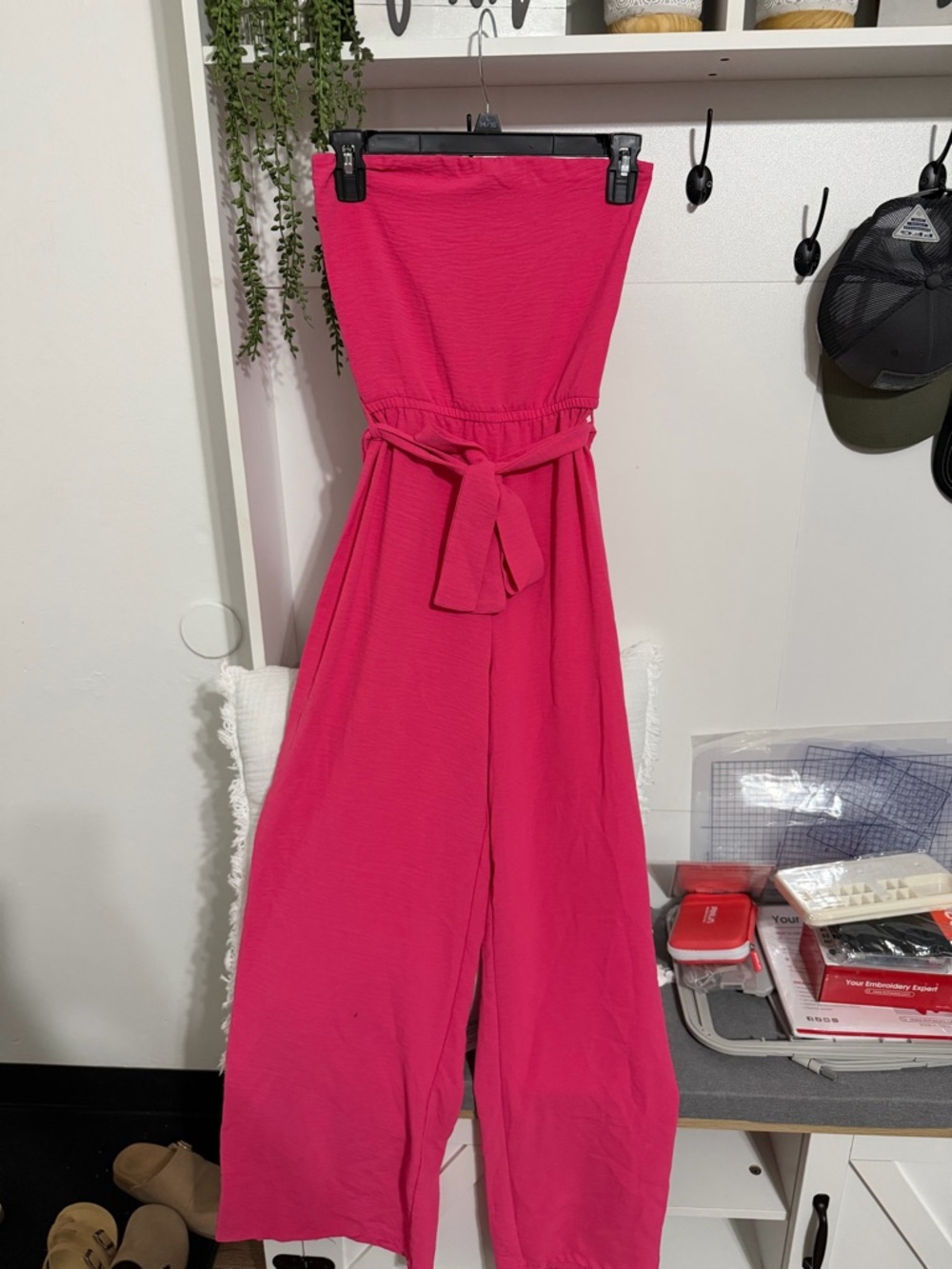 Strapless Tie-Waist Jumpsuit in Vibrant Pink
